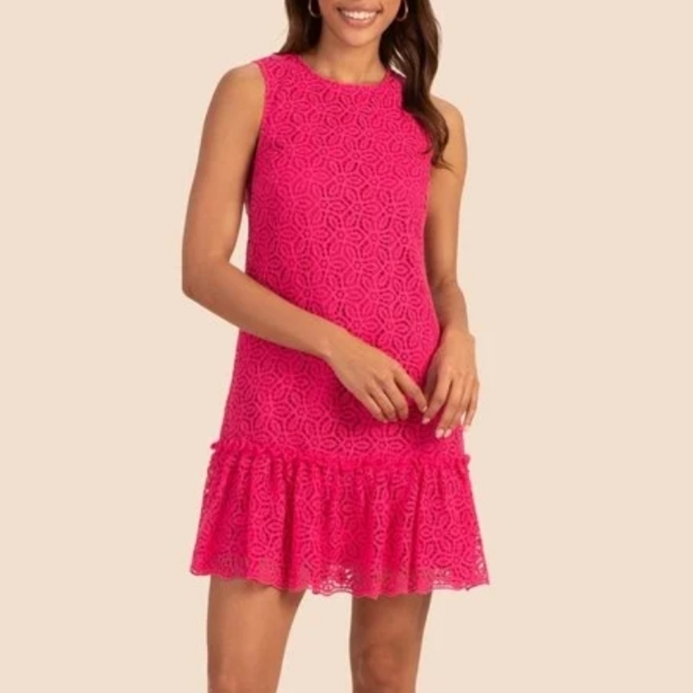 NWT Trina Turk Hot Pink Barbara 2 Lace Sheath Cocktail Dress Size 4 Ruffle Hem